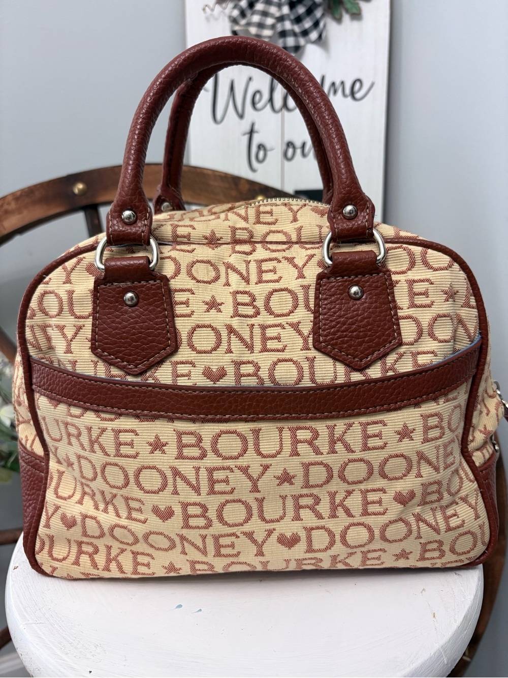DOONEY & BOURKE Tan & Brown Logo Jacquard Satchel with 2 D&B pink zipper pulls